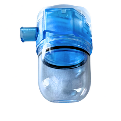 Clear water filter with blue top on a white background