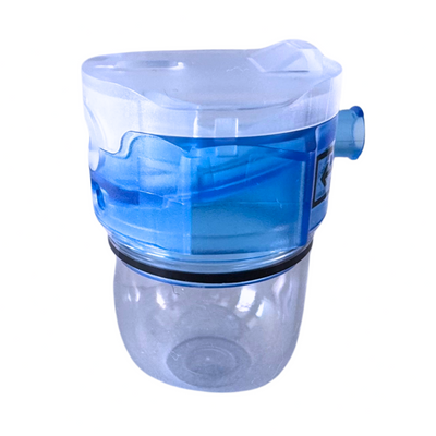 Clear water filter with blue cartridge on a white background