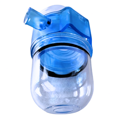 Clear container with blue cap on a white background