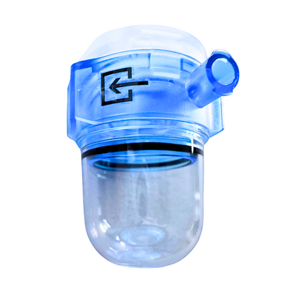 Clear plastic container with blue lid on a white background