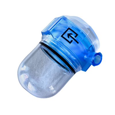 Clear water filter with blue top on a white background