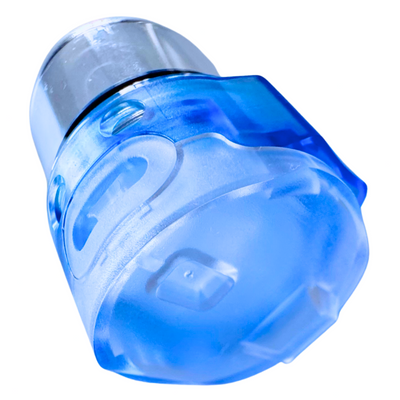 Clear plastic container with blue lid on a white background