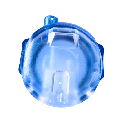 Top of blue lid of clear container on a white background